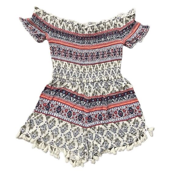Art Class Girl’s Geo Print Boho Tassel Trim Smocked Off The Shoulder Romper 4/5 - Picture 1 of 10